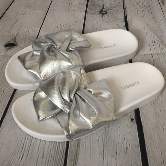 Express Shoes - Express Metallic Silver Bow Slides